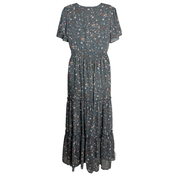 MikaRose Floral Tiered Maxi Dress Gray V-Neck Romantic Cottagecore Modest M - Picture 6 of 11